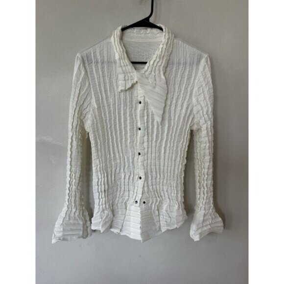 Babette Womens Off White Snap Front Button Up Long Sleeve Crinkle Blouse Shirt M - Picture 1 of 3